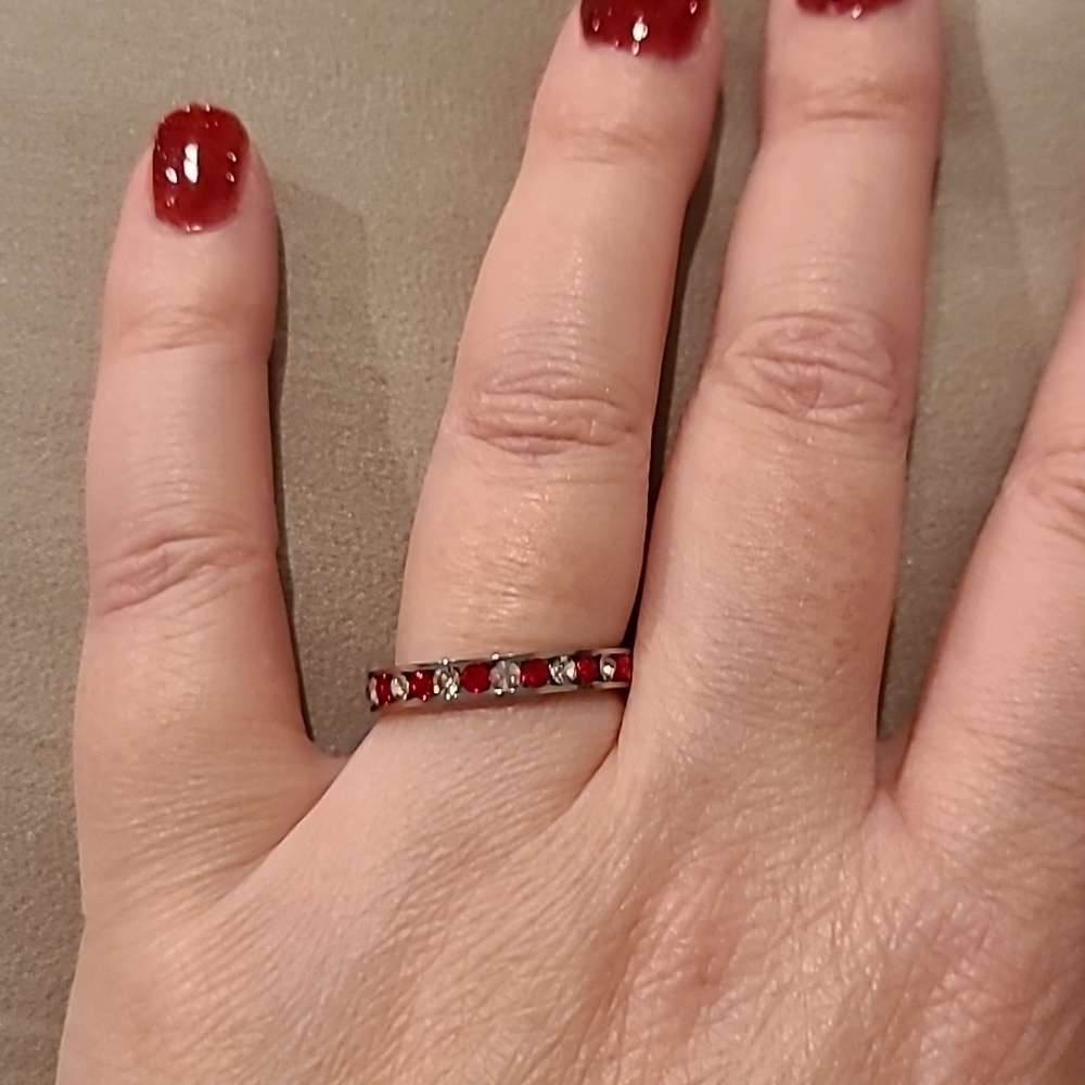 Channel set red and clear stones cubic zirconia stainless steel eternity ring - Picture 2 of 9